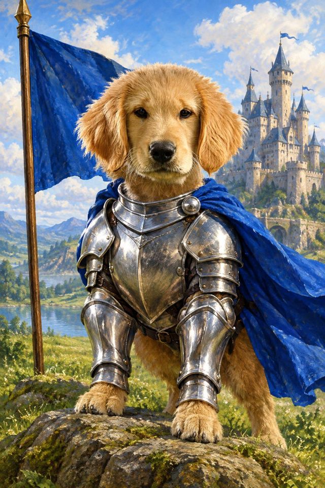 Knight pet portrait example: Sir Goodest of Boys