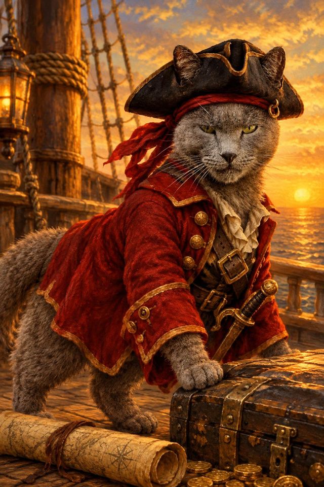 Pirate pet portrait example: Captain of the Seven Snacks