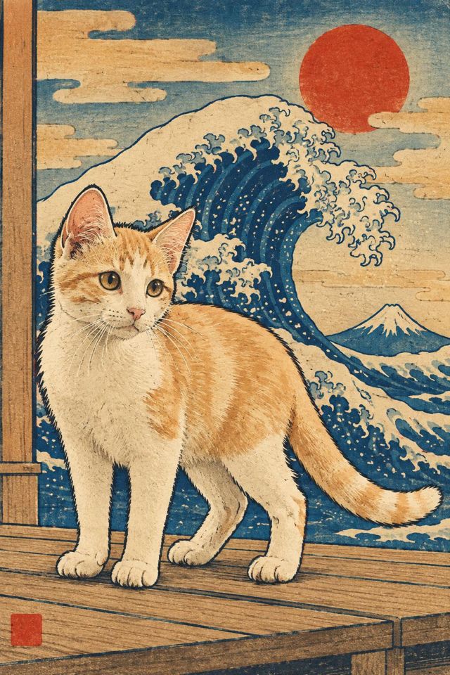 Japanese woodblock pet portrait example: The Great Wave